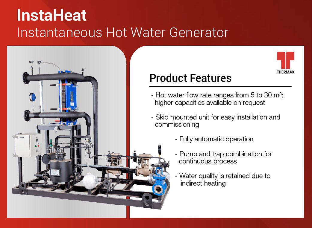 Thermaxglobal's tweet photo. Industries such as pharma, healthcare, food and hospitality constantly require hot water for varied needs.
Thermax’s #InstaHeat, a compact, skid-mounted product is an ideal solution as it supplies hot water on demand with precise temperature control for varying load conditions. https://t.co/bZNi1IN6CM