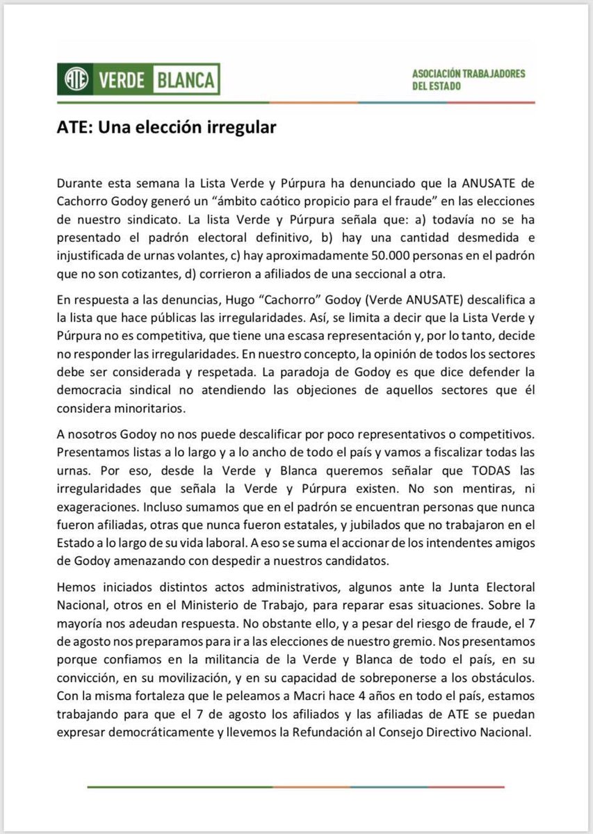 VerdeyBlancaATE's tweet photo. Desde la Verde y Blanca expresamos nuestra preocupación por las graves irregularidades que afectan a las elecciones de la Asociación Trabajadores del Estado de este 7 de agosto. La descalificación de Hugo “Cachorro” Godoy no subsana esas condiciones. Es hora de #LaRefundación. https://t.co/5WMHlMlv4d
