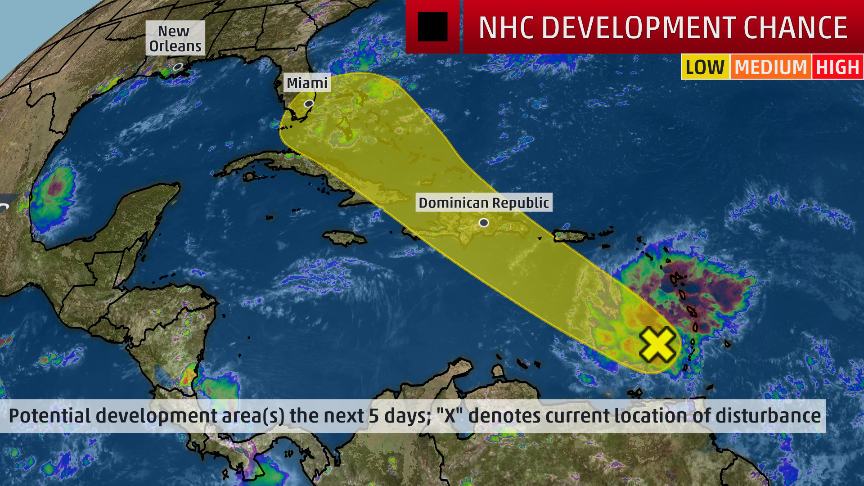 weatherchannel's tweet photo. A Caribbean disturbance, dubbed #Invest95L by the National Hurricane Center, is being watched for possible #tropical development late this week: https://t.co/uXygzfJGT4 https://t.co/o6CvcSYFnD
