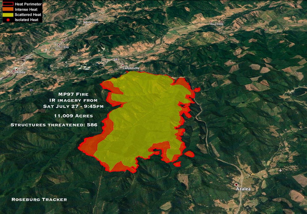 ryanfinlay's tweet image. Sunday Morning #MP97Fire update. Fire now over 11k acres, 586 structures threatened. Fire jumped I-5 in two locations last night and wind direction today could continue to push the fire towards the freeway. 

#roseburgtracker #milepost97fire