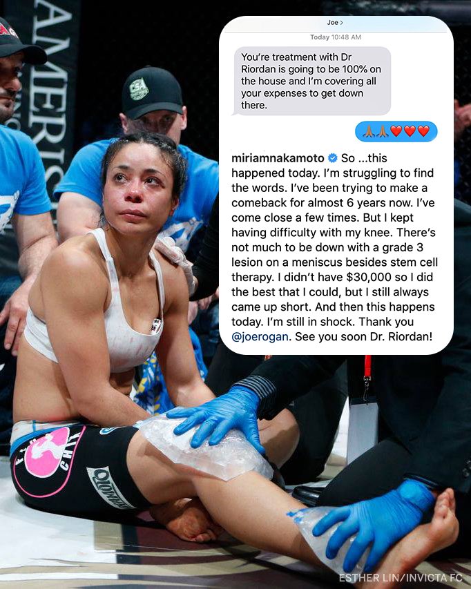 espnmma's tweet image. Joe Rogan is helping cover treatment for Miriam Nakamoto’s knee injury, which kept her out of competition since 2013 (via @MiriamNakamoto)