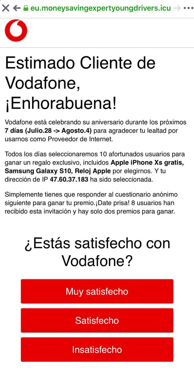 vodafone_es's tweet photo. 🚨 ALERTA PHISHING 🚨

El equipo de seguridad de Vodafone ha detectado una campaña fraudulenta de phishing. Si te encuentras esta encuesta, NO RESPONDAS ni facilites NINGÚN DATO. 

Confía únicamente en los mensajes que te enviamos a través de nuestros canales oficiales https://t.co/WkKas3gwjK