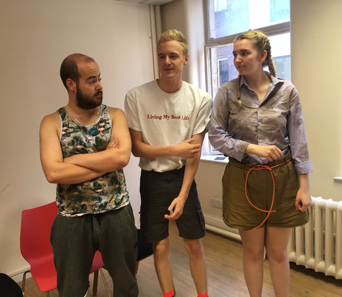 ManiacalVision's tweet photo. One final read through before show day! Here’s some more rehearsal photos of inside Cell 692, so excited to show everyone Regenerate Waste Systems and the three lovely volunteers affected by the company. Grab your tickets now from https://t.co/njsawPxEEG @SalfordArts  @GMFringe https://t.co/xpCsdL2ZlG