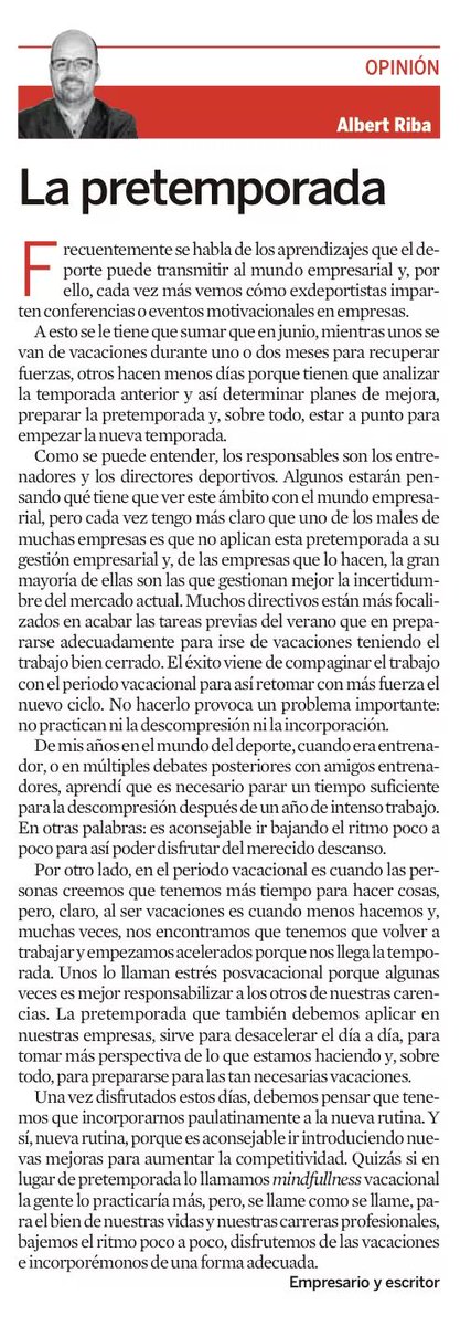 AlbertRiba's tweet photo. La pretemporada ... en el mundo de las empresas. Columna de #Expansión #Junio2017 https://t.co/0KvNd92bPq