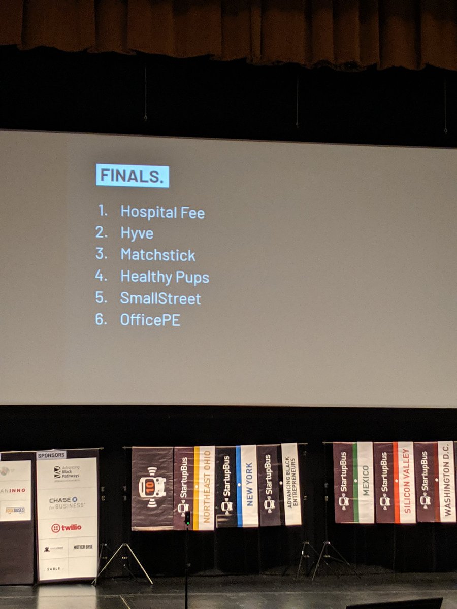 The #StartupBus2019 finals are #happeningnow. Tune now and watch live at youtube.com/startupbus

Finalists:
<a href="/hospitalfee/">Hospital Fee</a> from <a href="/StartupBusFL/">StartupBus Florida</a>
@HyveEmail from <a href="/StartupBusFL/">StartupBus Florida</a>
@matchstick from <a href="/StartupBusNYC/">StartupBus New York</a>
<a href="/healthypupsapp/">Healthy Pups</a> from <a href="/StartupBusFL/">StartupBus Florida</a>

1/2