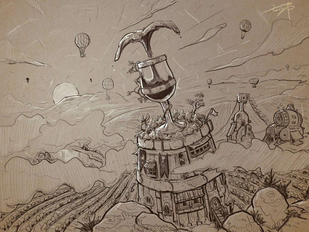 MagicWangLewei's tweet photo. Illustration for #sillycanvale : the winery. #wine #winebarrel #napa #parody #digitalart #hotairballon #winery #comic #sketch #wlwstory #field #dailyartpushups #photoshopart https://t.co/erX2jwzvOf