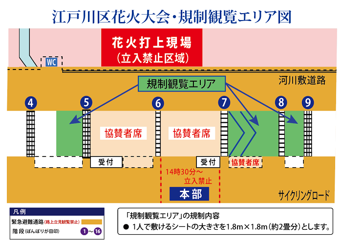 ◇江戸川区花火大会／規制観覧エリアについて◇ 4～5番階段間の一般席