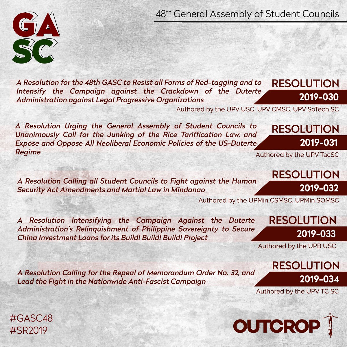 upboutcrop's tweet photo. Here are the 20 adopted resolutions in the 48th General Assembly of Student Councils.

#GASC48 #SR2019 https://t.co/e0iyOh0L6O