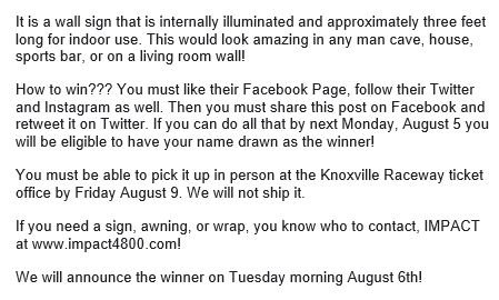 Our partners <a href="/Impact4800/">Impact Signs, Awnings, Wraps Inc. 🇺🇸</a> are giving away this Knoxville Raceway sign! Read instructions how you can win! #AnySignAnyWhere