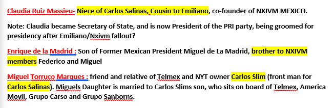 33/ The Mexico tourist Board mentioned above- Who are they again? #NXIVM contracts  #SalinasCrimeFamily(2012–2015) : Claudia Ruiz Massieu (2015–2018) : Enrique de la Madrid CorderoPresident Andrés Manuel López Obrador(2018–present) : Miguel Torruco Marqués