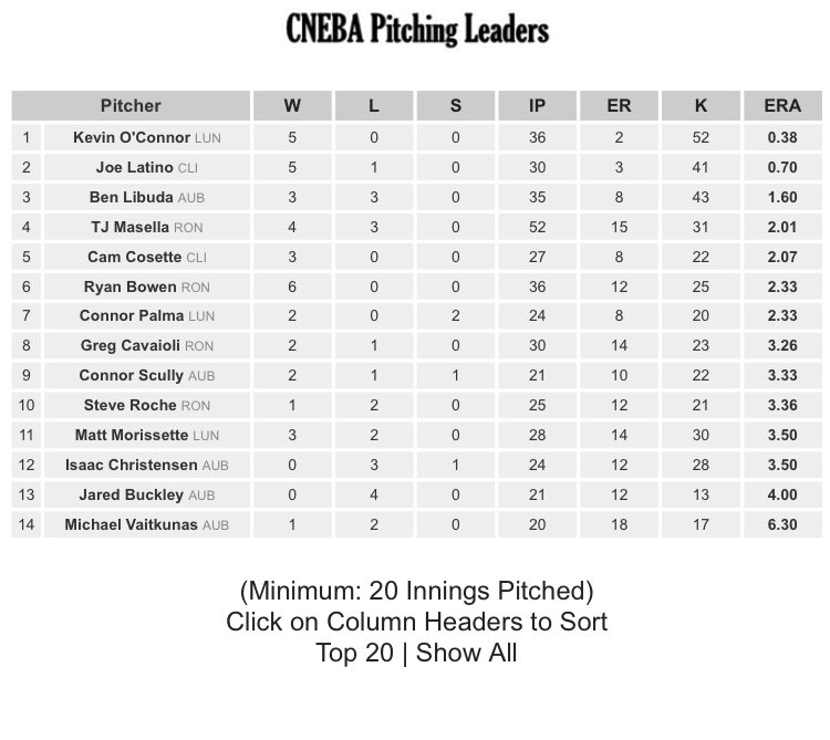 Let’s take a look at the CNEBA’s top pitchers this season. Pitching was strong this year for Ronnies with four guys cracking the Top 10. TJ Masella, Ryan Bowen, Greg Cavaioli, and Steve Roche all played vital roles in getting Ronnies into 2nd place #dasronnie #norunsupport #POs