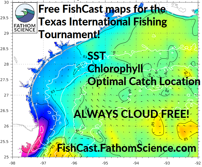 fathomscience's tweet photo. Fishing the TX Int'l Fishing Tournament @FishTIFT? Get a free trial of FishCast maps! FishCast by Fathom Science is the industry-leading ALWAYS CLOUD FREE fishing maps that help you find fish faster. Get SST, Chlorophyll, and Optimal Catch Location maps: https://t.co/zUpxUSrEHW https://t.co/E7nuQgXRMo