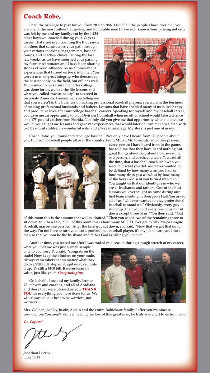 .<a href="/JLucroy20/">Jonathan Lucroy</a> wanted to share with Cajun Nation how much Coach Robichaux meant to him.

His full-page ad in Sunday’s edition of The Daily Advertiser said it all. #Robe36