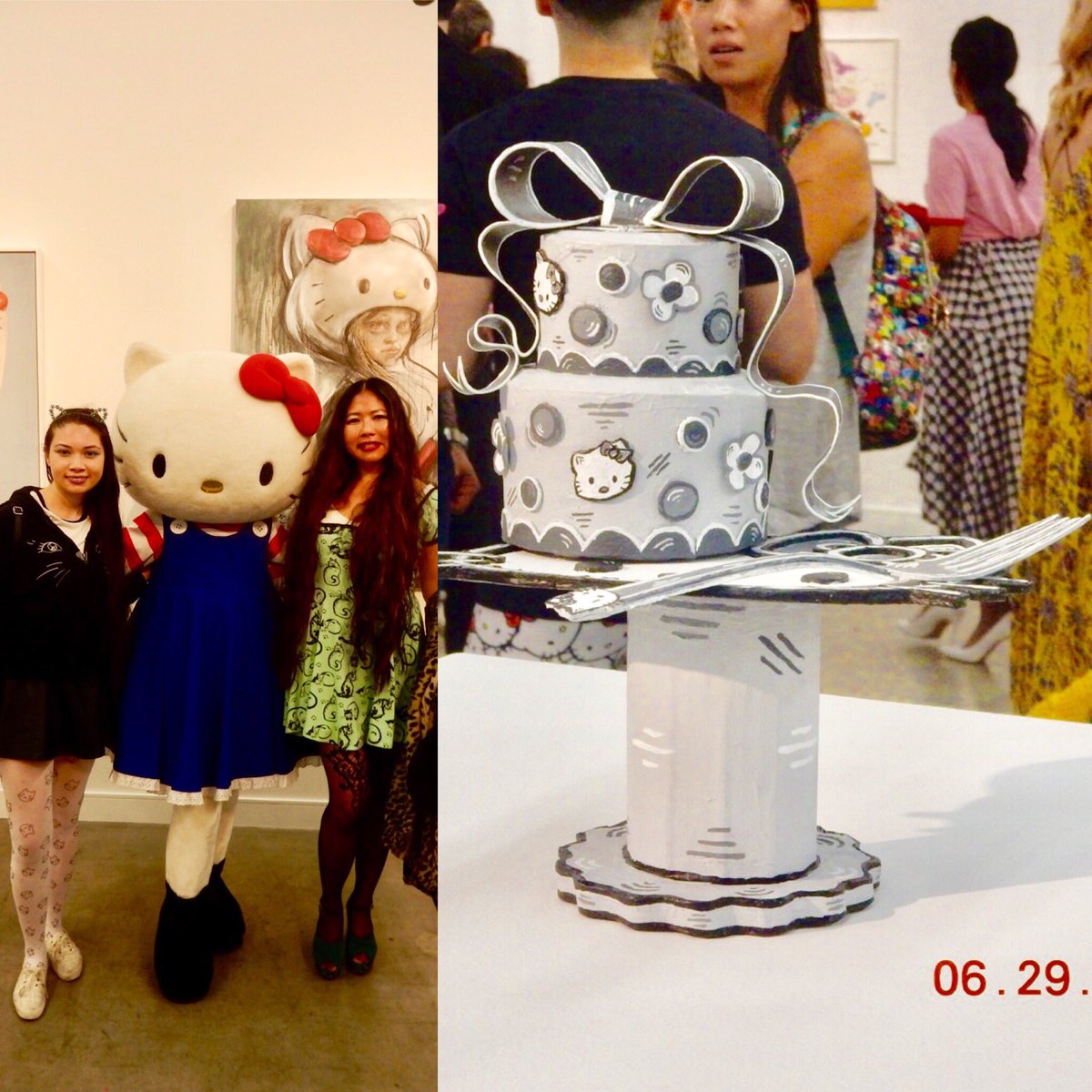 Queenie4ever's tweet photo. Went to the opening of @hellokitty 45th Anniversary group show @coreyhelford #artgallery #summer #artsdistrict #memorymonday #cute #creative #variety #summer #fashion #downtown #la #laart #original #thingstodoinla #visit #hellokittystyle #modernart #crepe #tiger #catears #cake https://t.co/PAD6N4XTv0