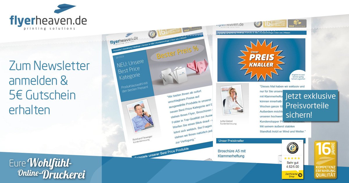 Regelmäßige #Preisknaller in unserem #Newsletter - jetzt anmelden und exklusive Preisvorteile sichern! Außerdem gibt es bei jeder Neuanmeldung eine 5€ netto Gutschrift oben drauf. 🥳 flyerheaven.de/newsletter/