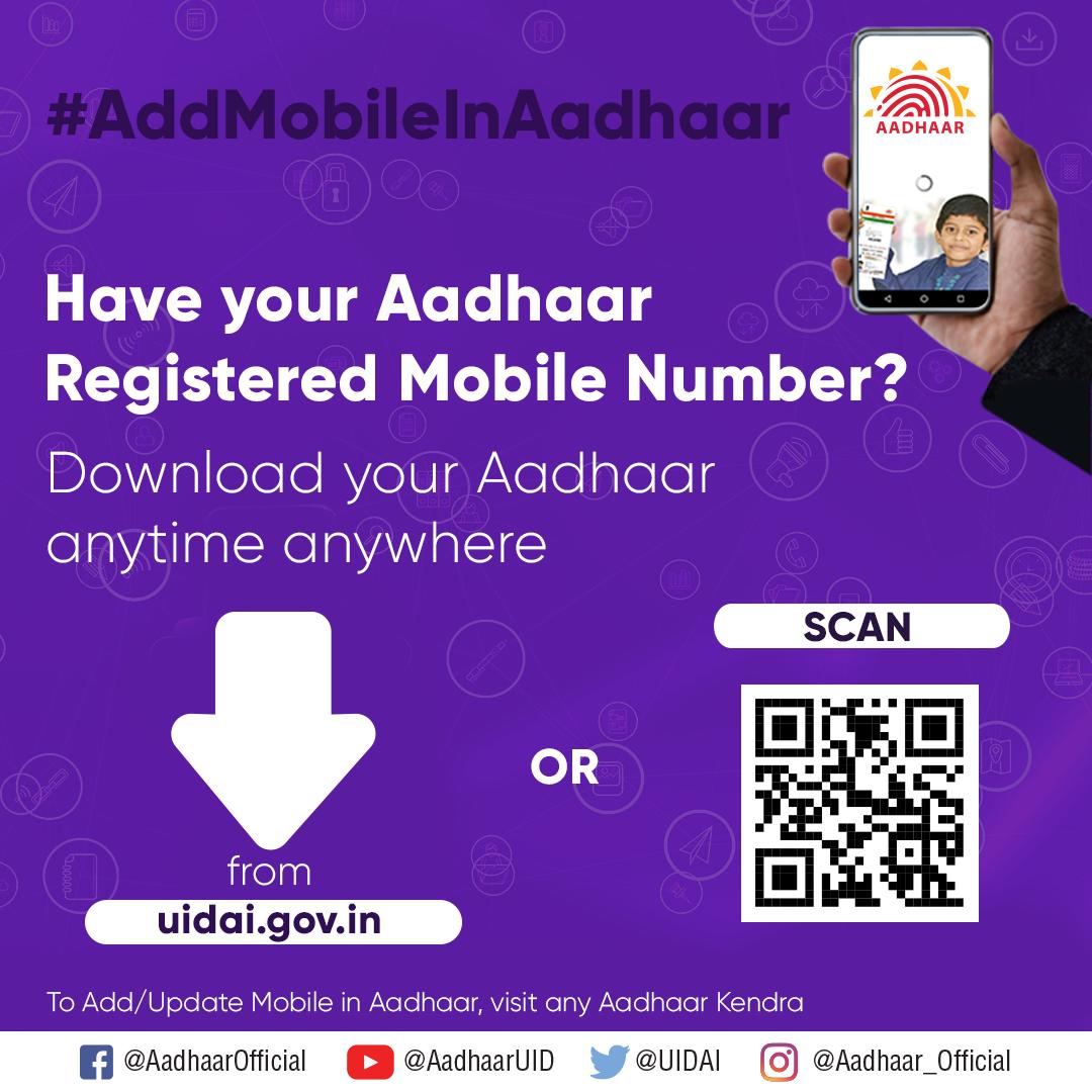 UIDAI's tweet photo. If you have your Aadhaar Registered Mobile number, you can download your Aadhaar anytime anywhere from https://t.co/iBrWjEf04k. Aadhaar OTP is required for this service. #AddMobileInAadhaar https://t.co/Uc8ZbBwUZ4