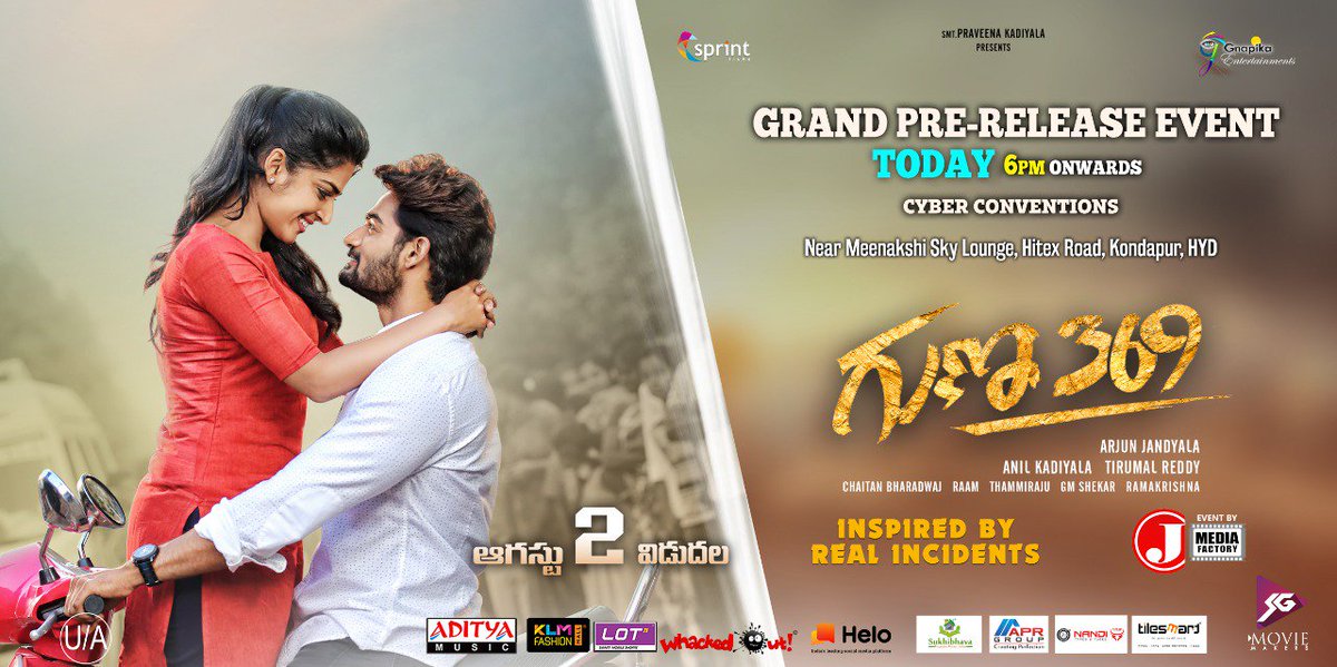 Today is the day..
Grand Pre Release event of #Guna369 at Cyber Conventions,Hyd 👍👍
From 6.00pm onwards 
#Guna369OnAug2nd
@ActorKartikeya @AnaghaOfficial @ArjunJandyala @chaitanmusic @sgmoviemakers  @SprintFilms @GnapikaEnt @adityamusic
Event by #JMEDIA