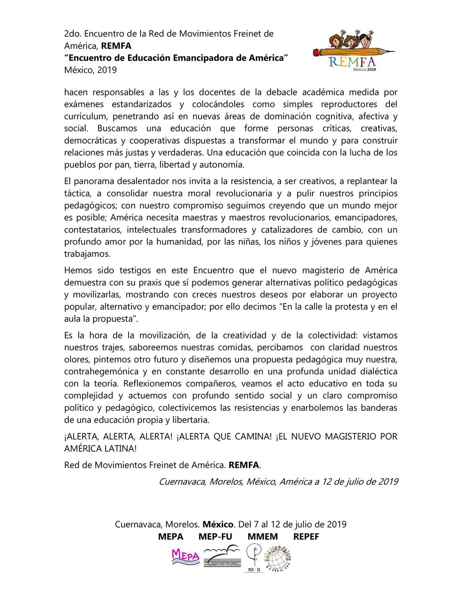 MEPAMexico's tweet photo. Declaratoria del 2o Encuentro de la Red Freinet de América #REMFA. https://t.co/2QzBNy7bIq