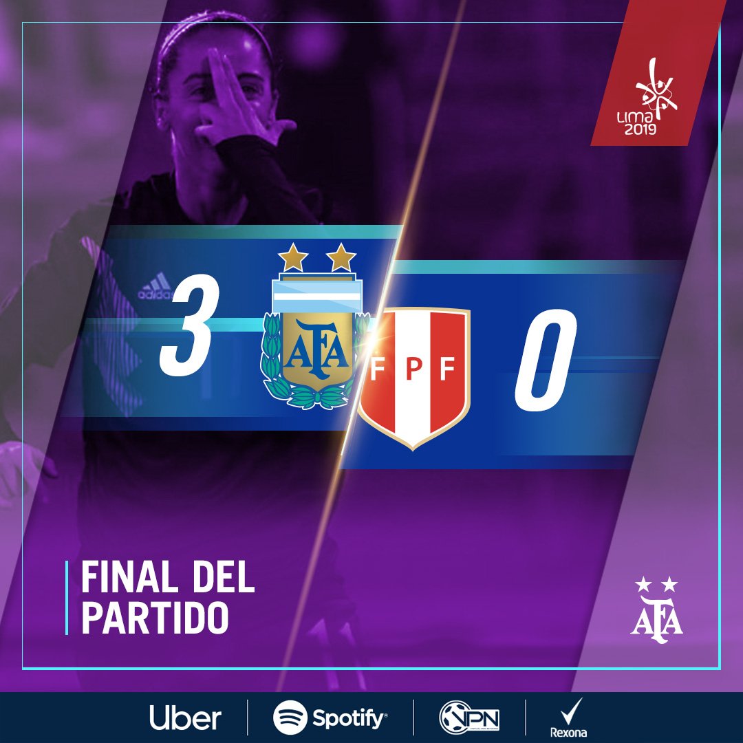 🏆 #Lima2019

⚽ <a href="/Argentina/">🇦🇷 Selección Argentina ⭐⭐⭐</a> 🇦🇷 3 (Mariana Larroquette x3) - #Perú 🇵🇪 0

👉 ¡Final del partido! La Selección Femenina debutó en los Juegos Panamericanos con una victoria. #VamosArgentina 💪