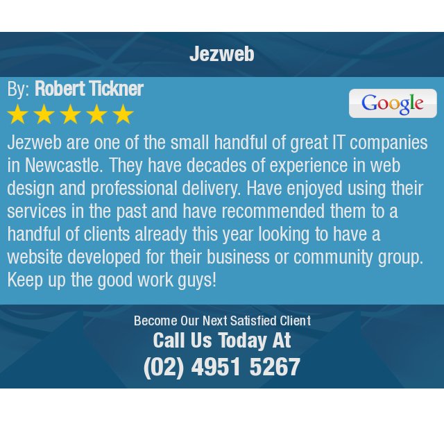 jezwebdesign's tweet image. 5 Star: Robert T. &quot;Jezweb are one of the small handful of great IT companies in Newcastle. They have decades of...&quot; bit.ly/2E3FvzG