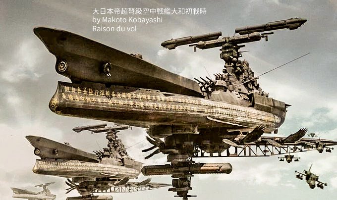 小林誠 ２２２０ これは飛ぶ理由3話に登場したときの大日本帝国超弩級空中戦艦大和 外側の大和 船体を内側から食い潰しそれを使って内部に新しい船体を再構築しながら航行する復元戦艦 後方に武蔵並びに信濃並走 T Co S0vicwxn5n Twitter