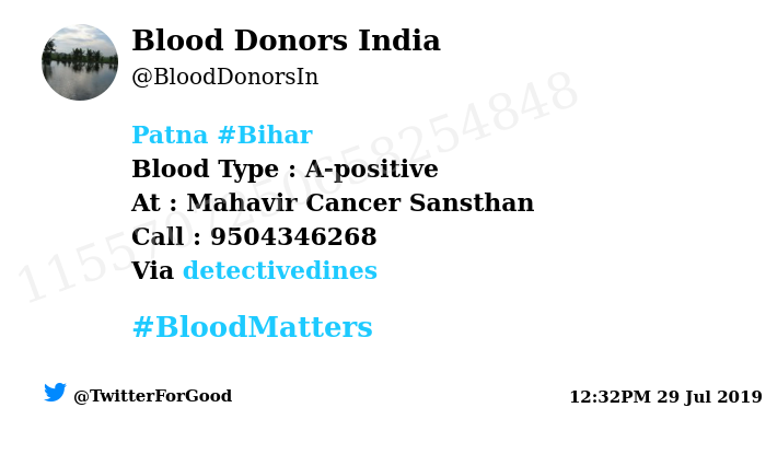 BloodDonorsIn's tweet photo. #Patna #Bihar
Need #Blood Type :  A-positive
At : Mahavir Cancer Sansthan
Number of Units : 2
Primary Number : 9504346268
Illness : Cancer
Via: @detectivedines
#BloodMatters
Powered by Twitter https://t.co/kINLtuyIAS