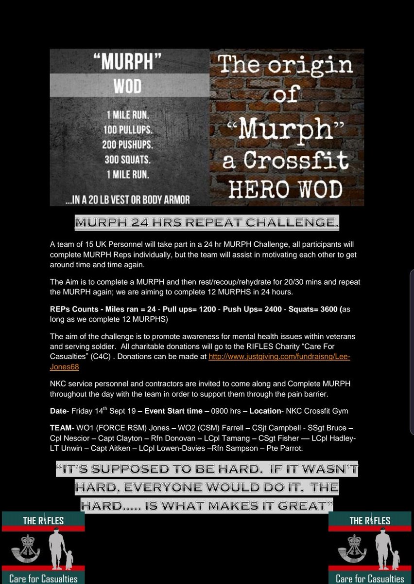 thechangingidea's tweet photo. Anyone who does cross fit will know how difficult the challenge below will be; 15 soldiers from @1_Rifles (12 Rifleman, 1 Riles reservist, 1 Royal Marine and 1 RE officer) will  conduct the challenge to raise MH awareness.
If you can please donate⬇️⬇️
https://t.co/lODsrBGUen https://t.co/Pu70Tj0AjK