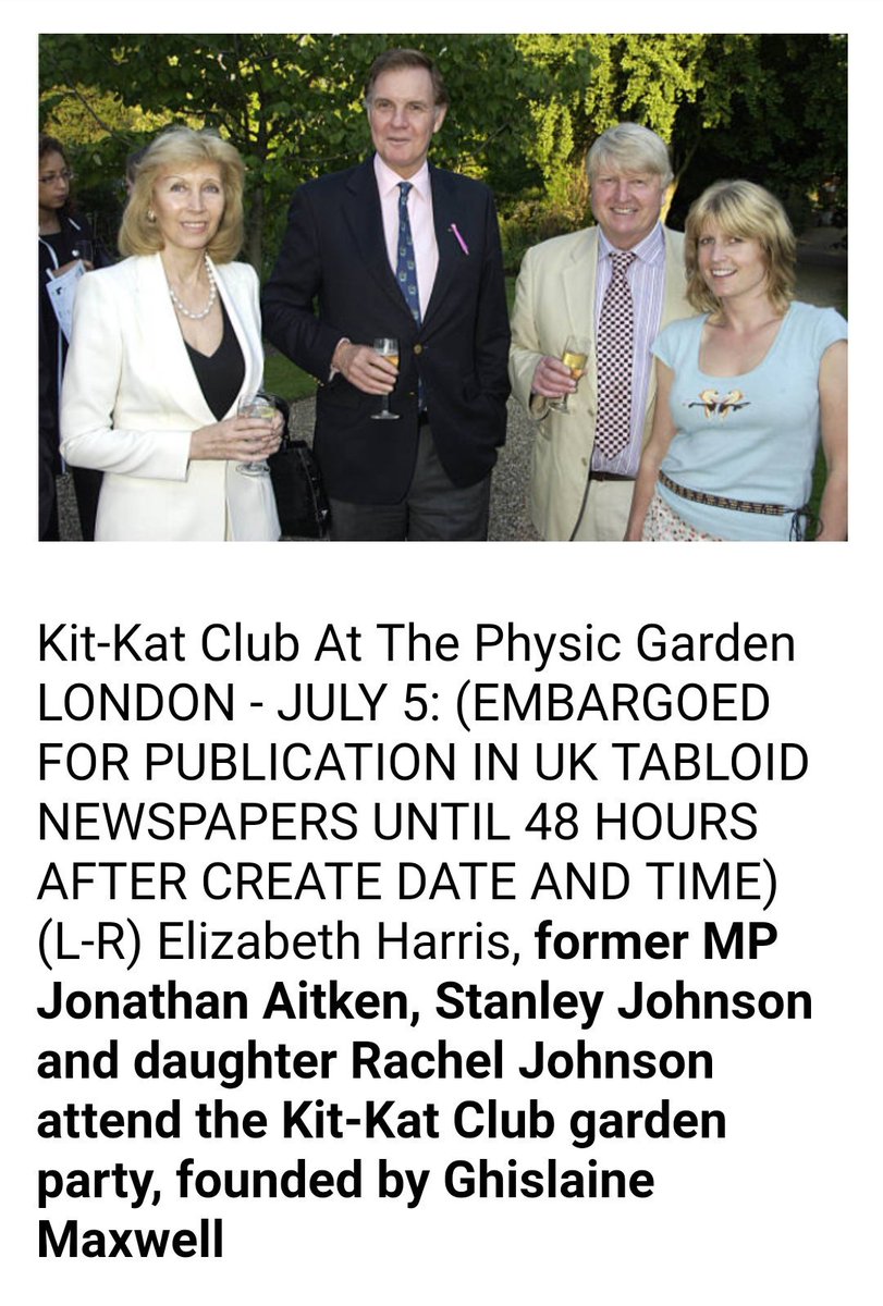 Jailbird Jonathan Aitken with Boris de Pfeffel of Spaffwaffle& #39;s dad and sister at Ghislaine Maxwell& #39;s Kit-Kat garden party.