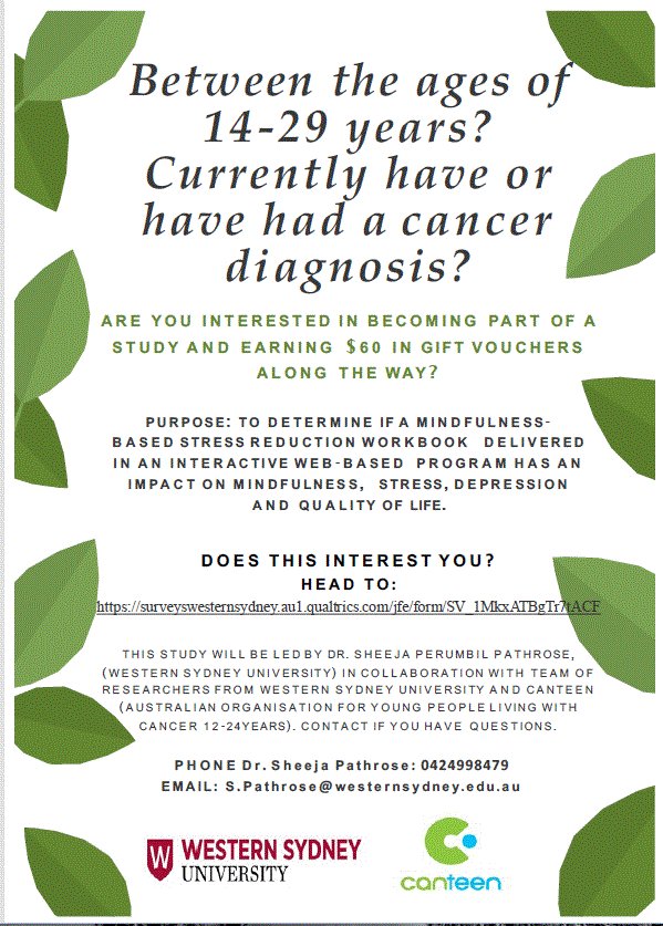 14-29 years? Have (or had) a cancer diagnosis? An opportunity to participate in a mindfulness-based project, in collaboration with researchers <a href="/westernsydneyu/">Western Sydney University</a> <a href="/westernsydusonm/">westernsydusonm</a> <a href="/CanTeenAus/">Canteen Australia</a> <a href="/PerumbilSheeja/">Sheeja Perumbil Pathrose</a> <a href="/JaneUssher/">Dr Jane Ussher</a> <a href="/bron_everett/">Bronwyn Everett</a> <a href="/salamonson/">Yenna Salamonson</a>
surveyswesternsydney.au1.qualtrics.com/jfe/form/SV_1M…  
Pls retweet
