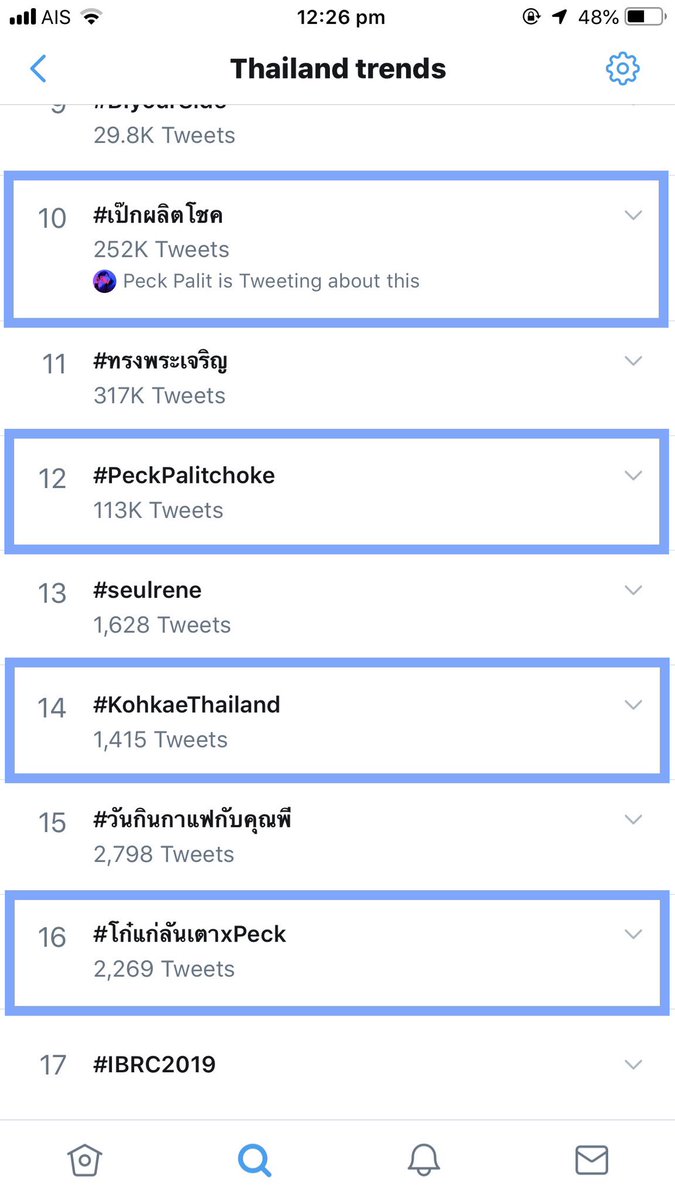 เทรนด์ไทยขณะนี้ 
7 # on Thailand Twitter Trending 

1. # สุรินทร์
4. # การท่องเที่ยวแห่งประเทศไทย
5. # ลดโลกเลอะกับผลิต 
10. # เป๊กผลิตโชค
12. # PeckPalitchoke 
14. # KohkaeThailand
16. # โก๋แก่ลันเตาxPeck 

#เป๊กผลิตโชค #PeckPalitchoke