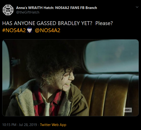 I made poor Bradley my running joke of the night.  Someone though, give it up for the awesome little fella who played that deranged monster-boy, Pierson Salvador!  Great job, kiddo...looked like a *blast*! 😉😆 #NOS4A2 <a href="/NOS4A2/">NOS4A2</a>