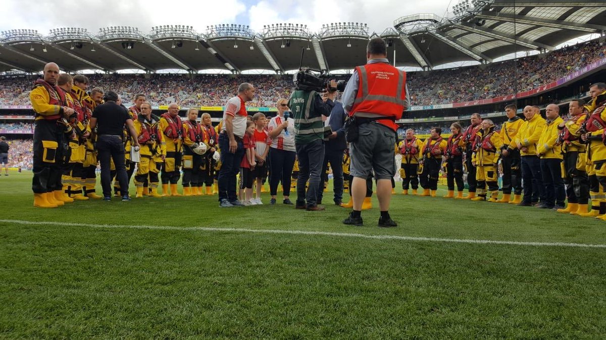 Yesterday,7 of Portaferry volunteer crew members along with crew members from stations across Ireland unfurl giant water safety flags on the pitch of Croke Park before the All-Ireland Senior Hurling semi-final match between Wexford and Tipperary at Croke Park in Dublin.