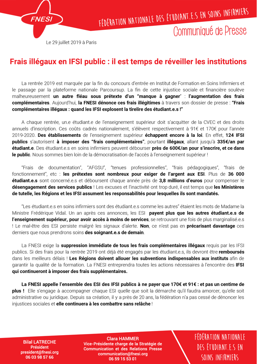 [#PayeTonIFSI] 

➡️ 124 IFSI publics imposent des frais complémentaires #illégaux
➡️ 36 000 #ESI sont concernés
➡️ 3,8M d'€ sont exigés illégalement aux #étudiants

🔴 Le dossier de #presse de la FNESI : fnesi.org/2019/07/frais-… 

#NousNeLaisseronsRienPasser