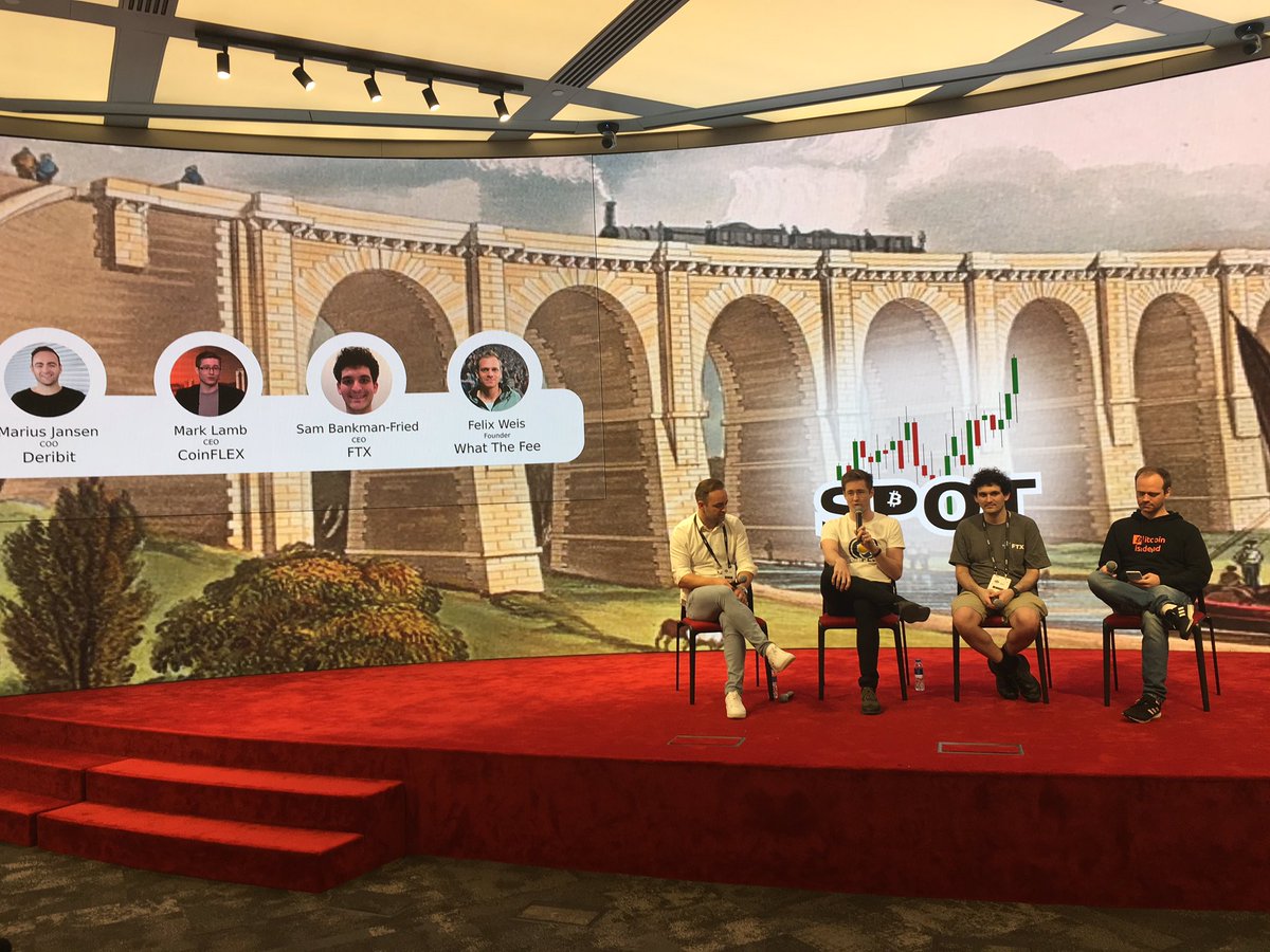bitcoinorghk's tweet photo. The 100x panel. Great insights from @DeribitExchange, @CoinFLEXdotcom and @FTX_Official, moderated by @FelixWeis. #Spotconf https://t.co/88hu58XQe1