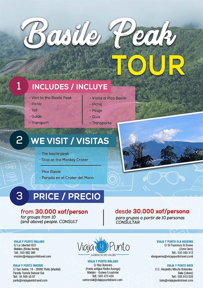 🚙 Pico Basilé Tour🚙 

Incluye:
🔹 Visita del Pico
🔹 Peaje
🔹 Picnic
🔹 Guía
🔹 Transporte

Desde 30.000 xaf/persona
(para grupos a partir de 10 personas, consúltanos)

#esteveranonosquedamos ¿y tú?

GRUPO Y PUNTO porque #GuineaEcuatorial es #turismo