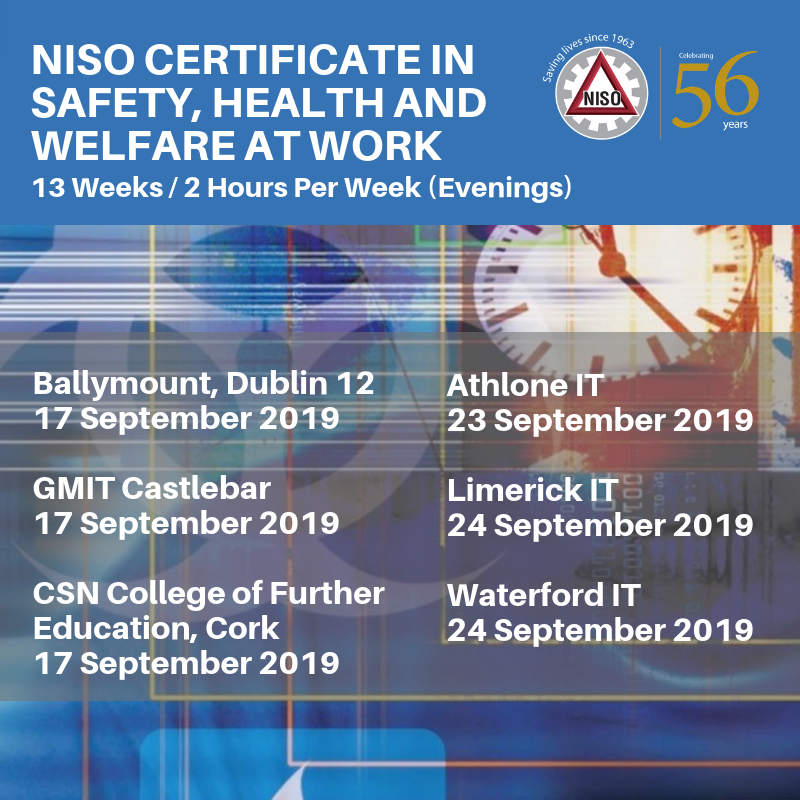 NISOIreland's tweet photo. NISO Certificate in Safety, Health and Welfare at Work - 13-Week Course - Starts September 2019: Athlone, Castlebar, Cork, Dublin, Limerick, Waterford  https://t.co/KzdRUiEPD4 
Further info: https://t.co/6crrOTWZ38  
Bookings: https://t.co/dm5NAo0oL3  

#OSH #SafetyFirst https://t.co/Zj8V0rXbjW