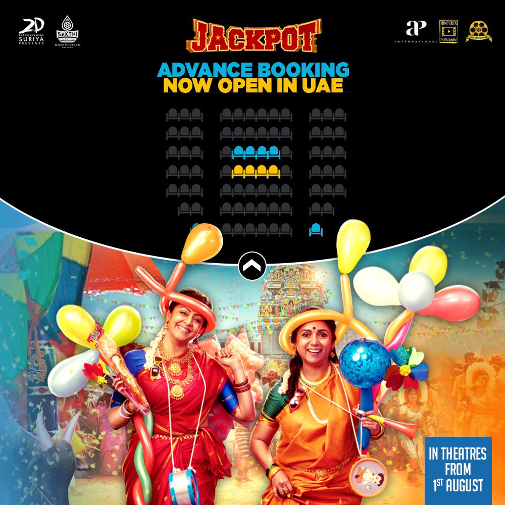 Bookings now open for #Jyotika's fun entertainer #Jackpot is all set to release on 1st August in #UAE Grab your tickets at the earliest! @2D_ENTPVTLTD @Suriya_offl @SakthiFilmFctry @APIfilms @homescreenent #Suriya #SuriyaSivakumar #JackpotFromAug1inUAE