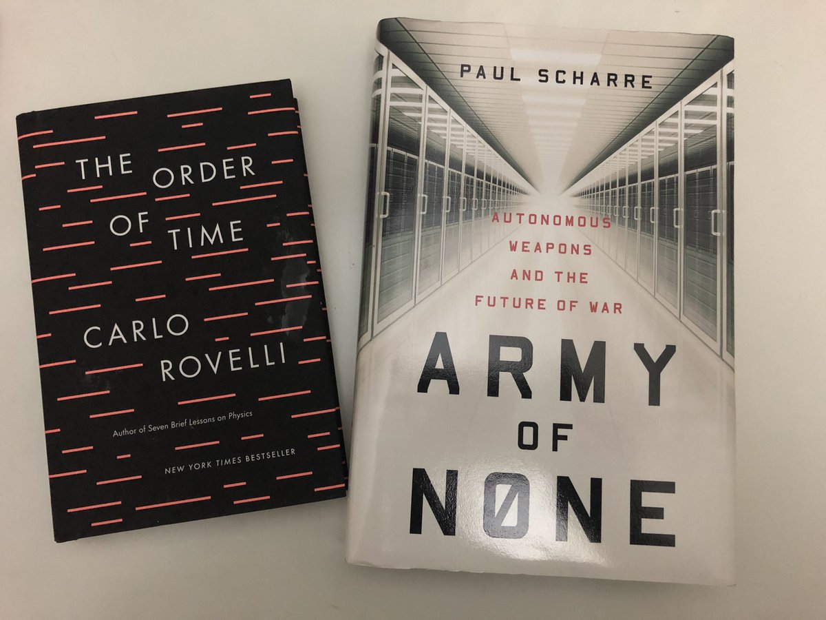 muilyas's tweet image. My next two reads have arrived. What could go wrong? #TheOrderOfTime by @carlorovelli, and #ArmyOfNone by @paul_scharre