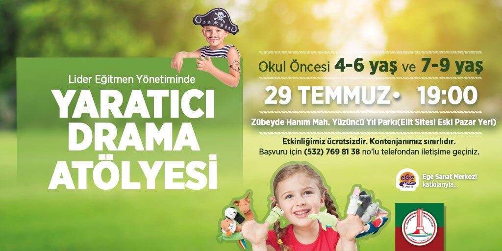 Ege Sanat Merkezi katkılarıyla, Lider Eğitmen Yönetiminde gerçekleştireceğimiz okul öncesi 4-6 yaş ve 7-9 yaş gruplarının katılabileceği “Yaratıcı Drama Atölyesi” için bugün saat 19:00’da Zübeyde Hanım Mahallesi Yüzüncü Yıl Park’ında buluşalım. Başvuru için: (0532) 769 81 38