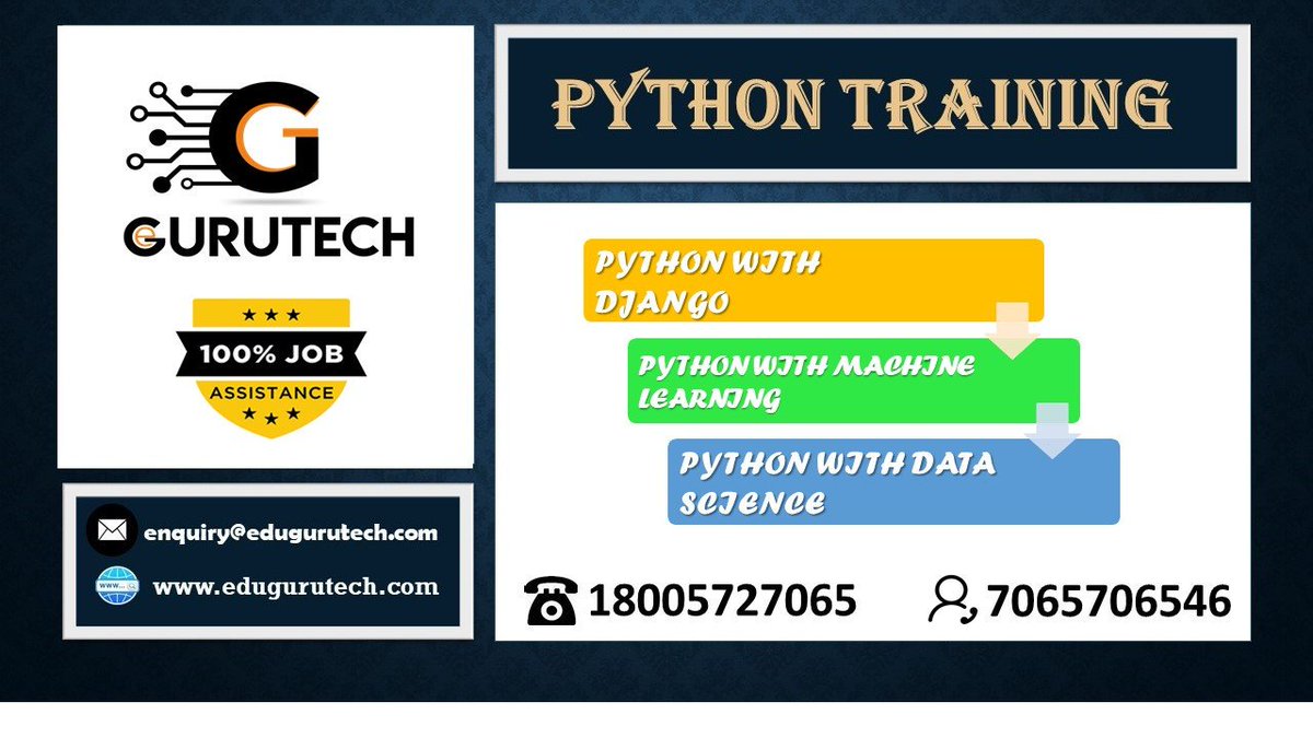gurutechnoida's tweet image. Python training by industry experts.
Get trained by working professionals. HURRY UP! Limited seats...
For More Information
enquiry@edugurutech.com
Contact Number 1800 582 7065 / 7065 7065 46
#Pythontraining #CorePythontraining #AdvancePythontraining #DjangoPythontraining