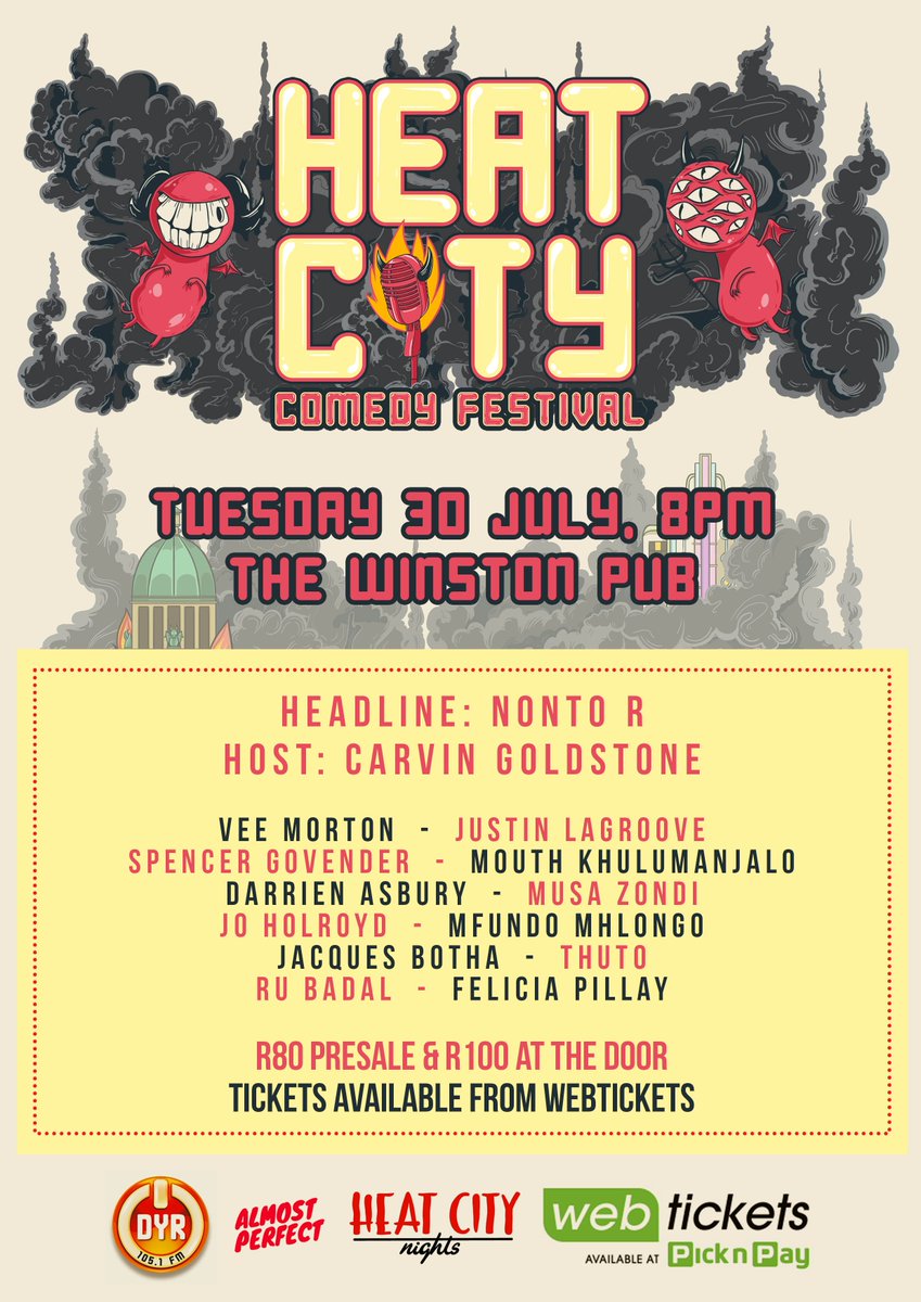 Tomorrow night the 3rd annual Heat City Comedy Festival kicks off at <a href="/TheWinstonPub/">The Winston Pub</a> with this jam packed lineup of Durban's next big comedy stars. Carvin Goldstone hosts this showcase with <a href="/nonto_r/">nonto_r</a> closing the show. 

Get your tickets from <a href="/webticketsSA/">webtickets.co.za</a>: bit.ly/heatcitycomedy…