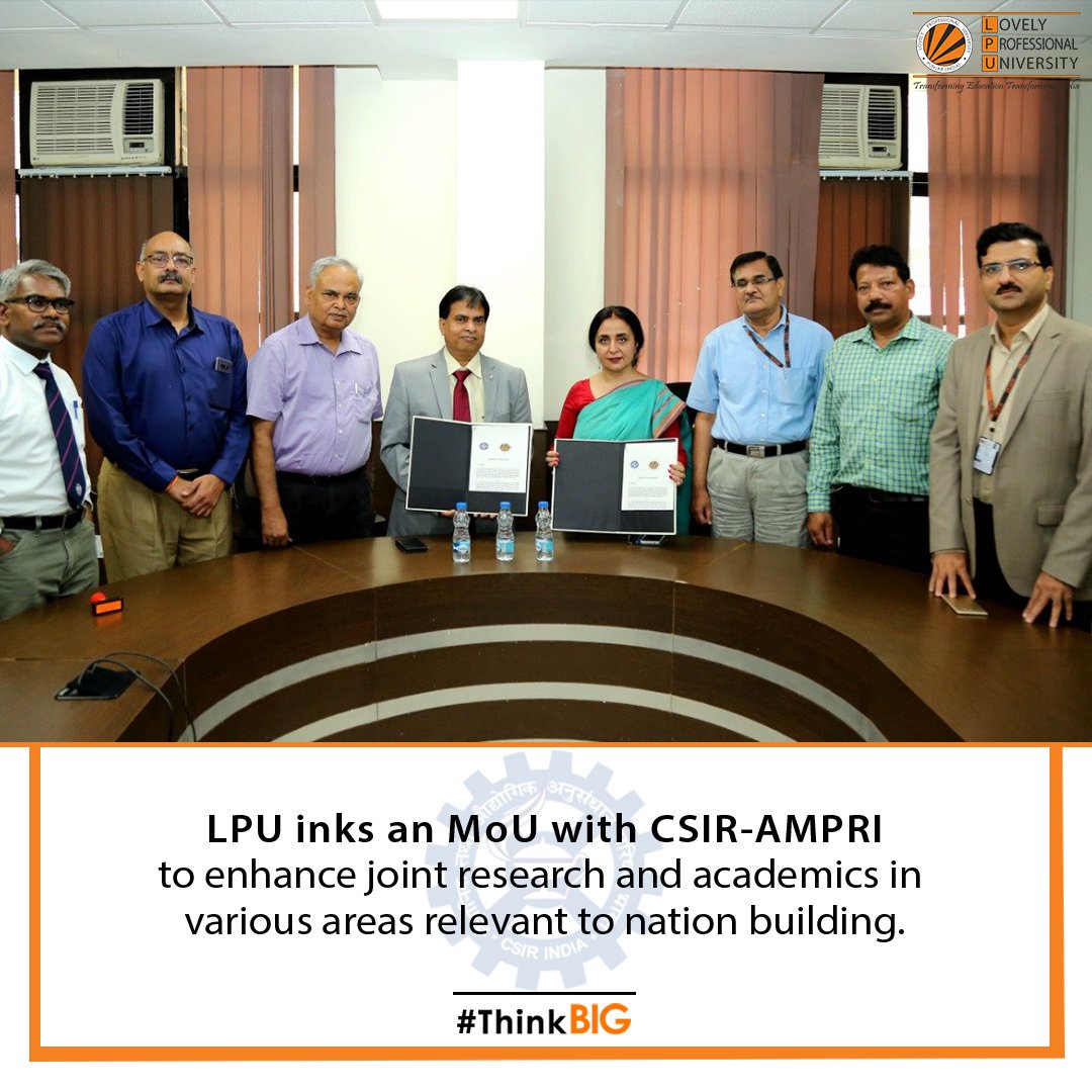 lpuuniversity's tweet photo. #LPU signed an #MoU with CSIR-AMPRI. #AMPRI, Govt of #India, one of the best institutes known for its cutting-edge R&D knowledgebase in diverse #Science & #Technology areas will now welcome #LPU #scientist faculties and #PhD scholars to work closely with the Government.
#ThinkBIG https://t.co/4MQxfMwSP6