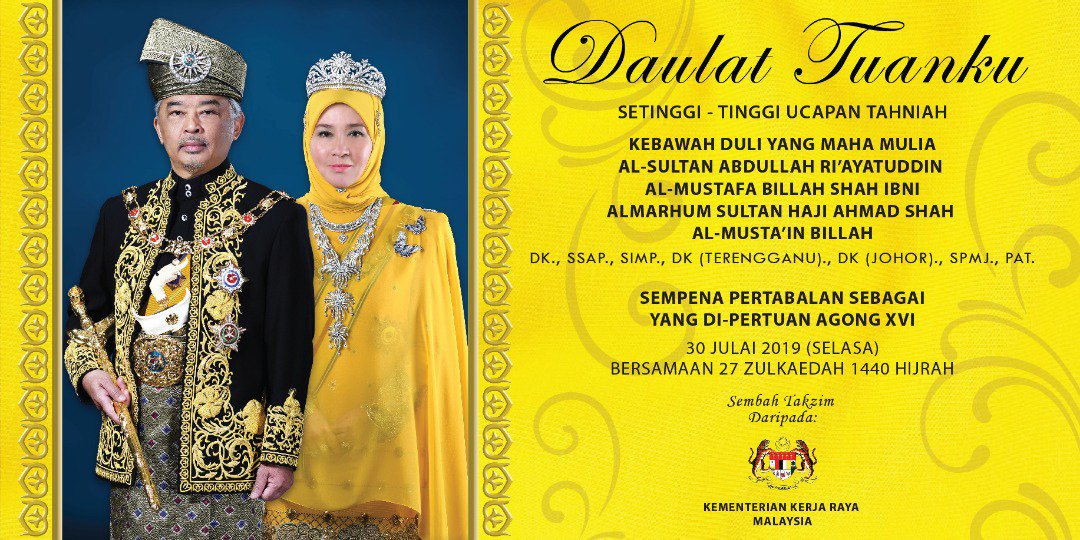 Daulat Tuanku.
Merafak Sembah dan Setinggi-Tinggi Ucapan Tahniah Kebawah Duli Yang Maha Mulia Seri Paduka Baginda Yang di-Pertuan Agong. <a href="/baru_bian/">Baru Bian</a> <a href="/HjAnuarTahir/">Hj Anuar Tahir</a> <a href="/KsuMoworks/">KSU_MOWorks</a> @LLMKP @kpkrjkr <a href="/Asricidb/">Ahmad Asri</a> <a href="/JKRMalaysia/">JKR Malaysia</a> @CIDBMALAYSIA1 <a href="/LLMrasmi/">LLM</a> <a href="/RakanKKR/">RakanKKR</a> <a href="/InfraRakyat/">Infra Rakyat</a> #DaulatTuanku