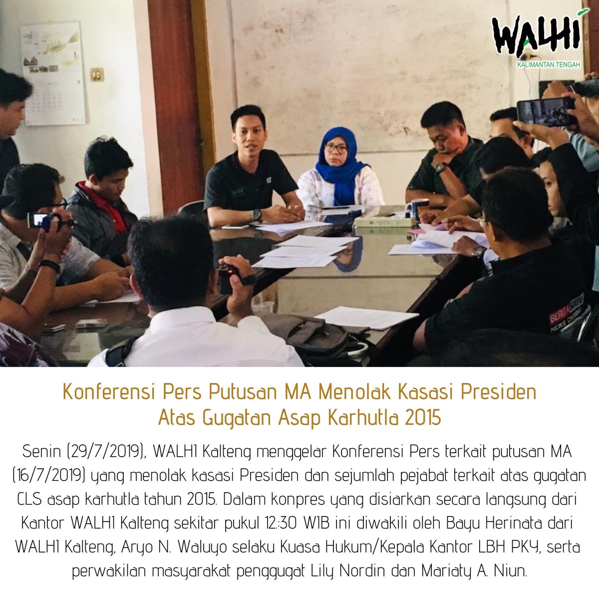 @medcom_id Konferensi Pers WALHI:Putusan MA Tolak Kasasi Presiden @jokowi atas Gugatan CLS Asap Karhutla 2015, agar Putusan Pengadilan Dijalankan 
#KaltengTolakDeforestasi #PulihkanKalimantan #SayaPilihKeadilanEkologis #SelesaikanKasus5Kabupaten #RimbaTerakhirKubung