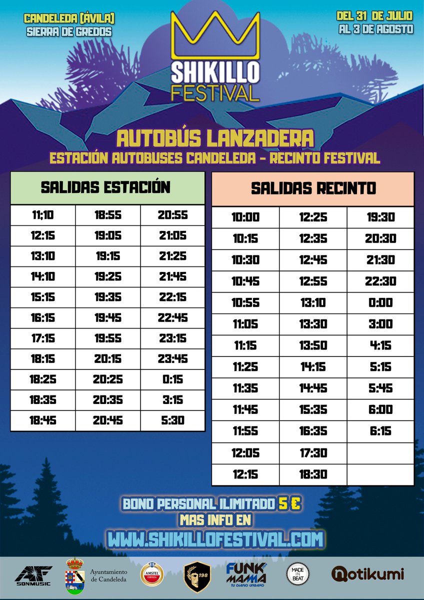 Shikillofest's tweet photo. 👉 HORARIOS DE LAS LANZADERAS 👈

El bono de viajes ilimitado costará 5€ por shikillx para moverse entre el recinto / zona de acampada y el pueblo y las piscinas naturales 🚌 

Abonos para el festival y venta de tickets para lanzaderas en https://t.co/cewd1HUVwF Quedan 2 DÍAS 🔥 https://t.co/0wg6t8ecmP