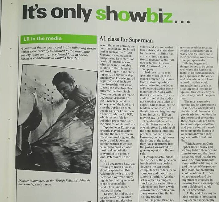 LRFHEC's tweet photo. For our #peak1980s entry we have this article from 1984.
A LR surveyor was used as a consultant on the film Superman III as they used the LR classed British Reliance in the film.
You can't get more 1980s than Christopher Reeve's Superman
@natlibscot #archivesexplored https://t.co/1afewI1mit