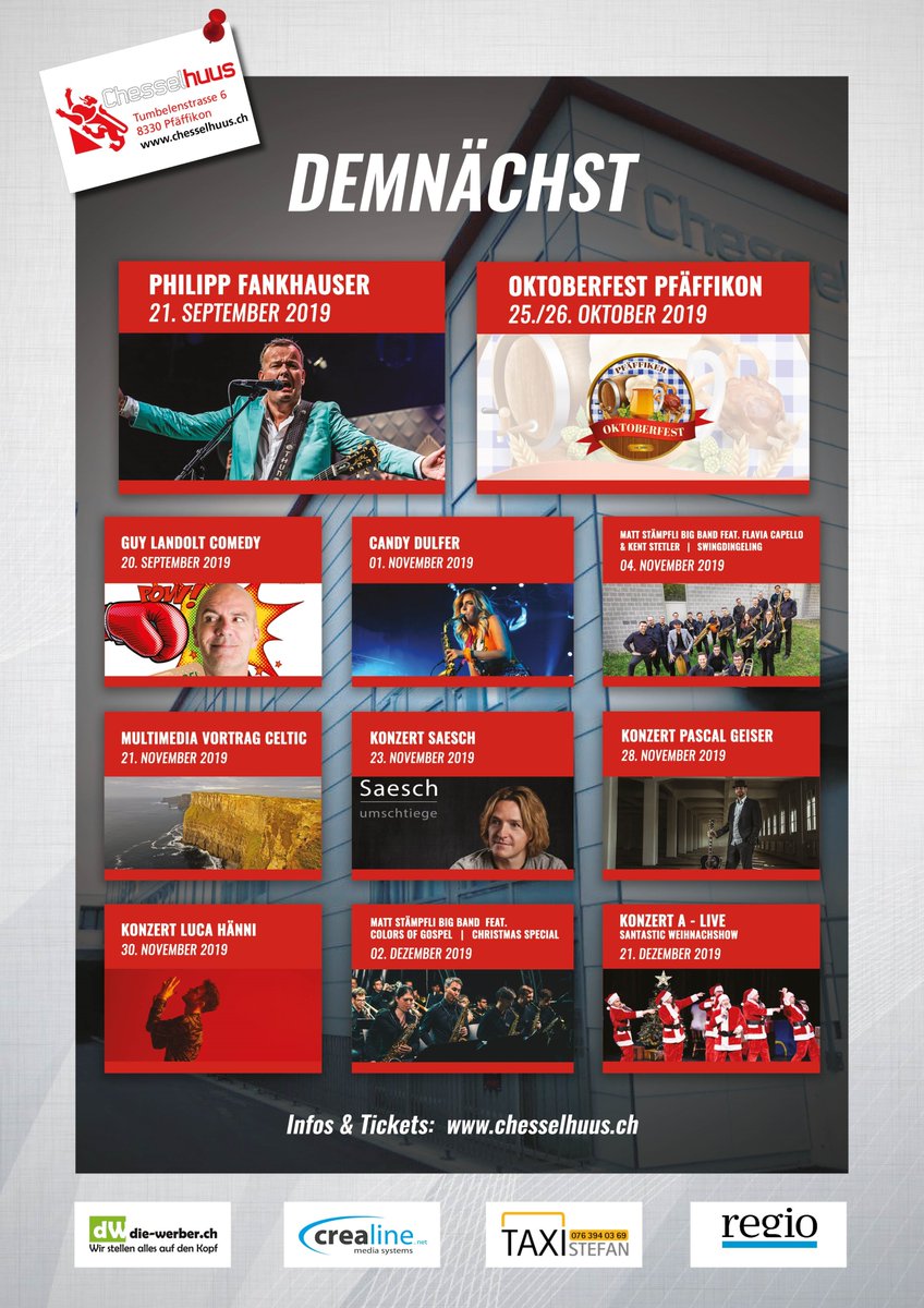 Es Hammer Programm erwartet eus im Herbst / Winter im Chesselhuus. Hier ein kleiner Ueberblick. Tickets unter chesselhuus.ch #LucaHänni #PhilippFankhauser #CandyDulfer #GuyLandolt #Alive #MarcAmacher #MattStämpfli #Saesch #WildWildBeach #Oktoberfest #PascalGeiser