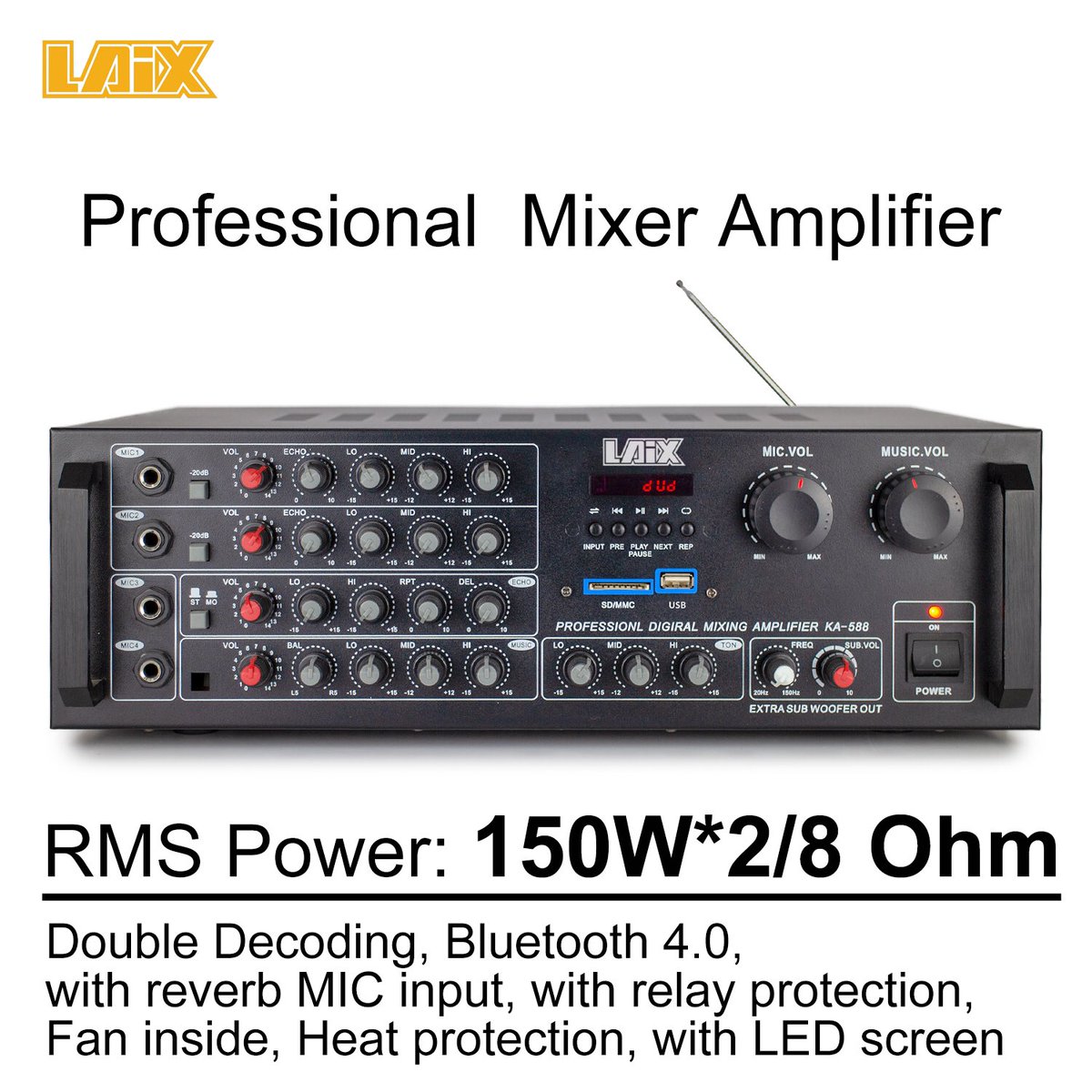 laixaudio's tweet photo. Laix Professional Mixer Amplifiers,RMS Power: 150W*2/8 Ohm，2SC5198/2SA1941*4，Double Decoding, Bluetooth 4.0, with reverb MIC input, with relay protection, Fan inside, Heat protection, with LED screen,#ampli #amplifiers #karaoke #audio https://t.co/UdWsTxbxUL