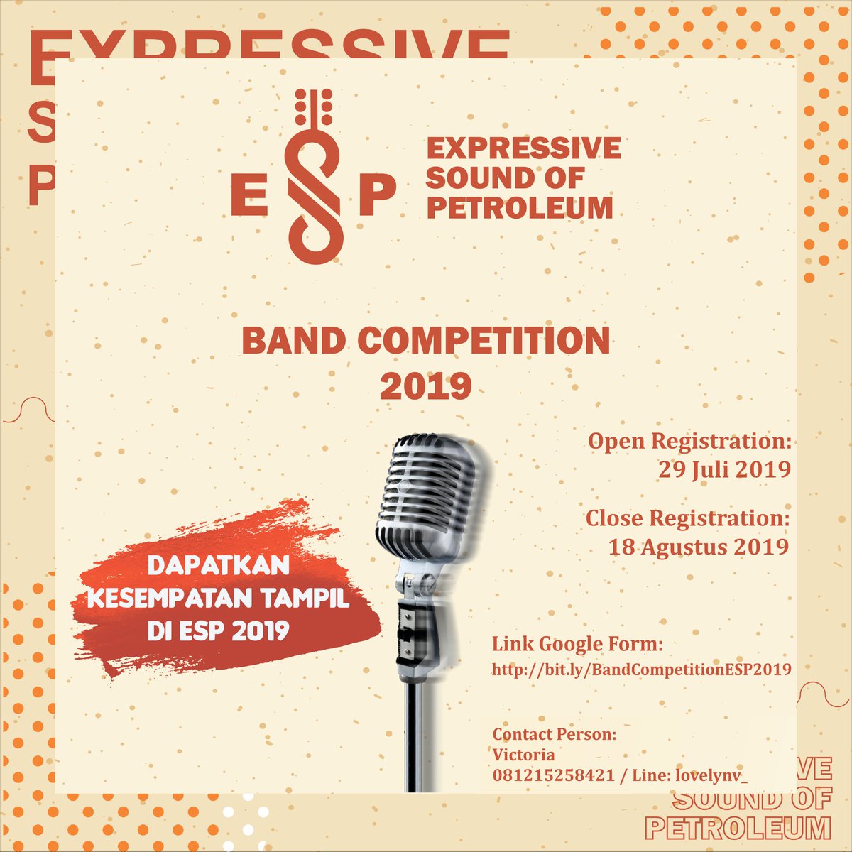 [BAND COMPETITION 2019]

Bagi kalian yg pengen manggung di ESP 2019, wajib banget ikutan Band Competition 2019! Syaratnya gampang! 

Link Google Form:
http:/bit.ly/BandCompetitionESP2019

#ESP2019
#HMTMUPNYK
#TheInfiniteJourney
#MenggemaDiUdara