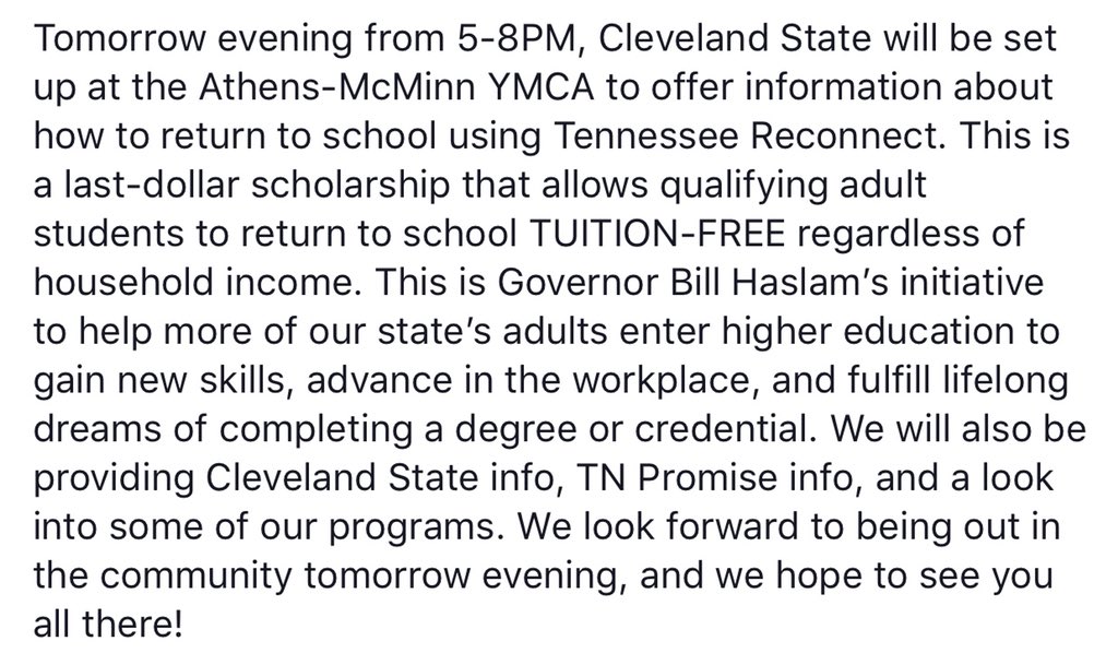 Come see us tomorrow! 

🕑: 5-8PM

📍: Athens-McMinn YMCA 

#TennesseeReconnect #ClevelandStateCC